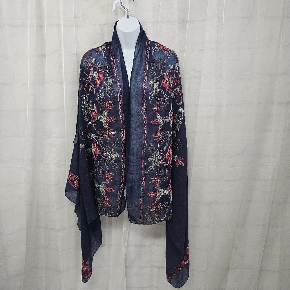 2Chic Blue Embroidered Floral Vest Sheer Boho Gauzy Festival OSFA